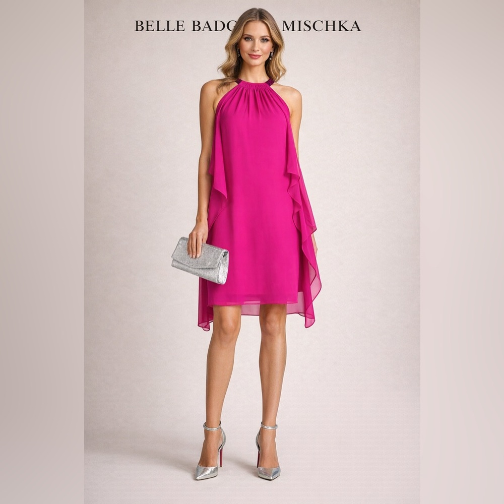 Belle Badgley Mischka Hot Pink Chiffon Halter Shift Dress Ruffle Overlay Size 4